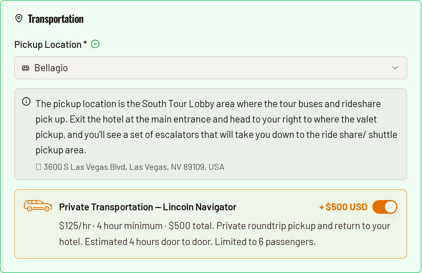 Private transportation add-on toggle shown during step 1 of the Adrenaline Mountain checkout