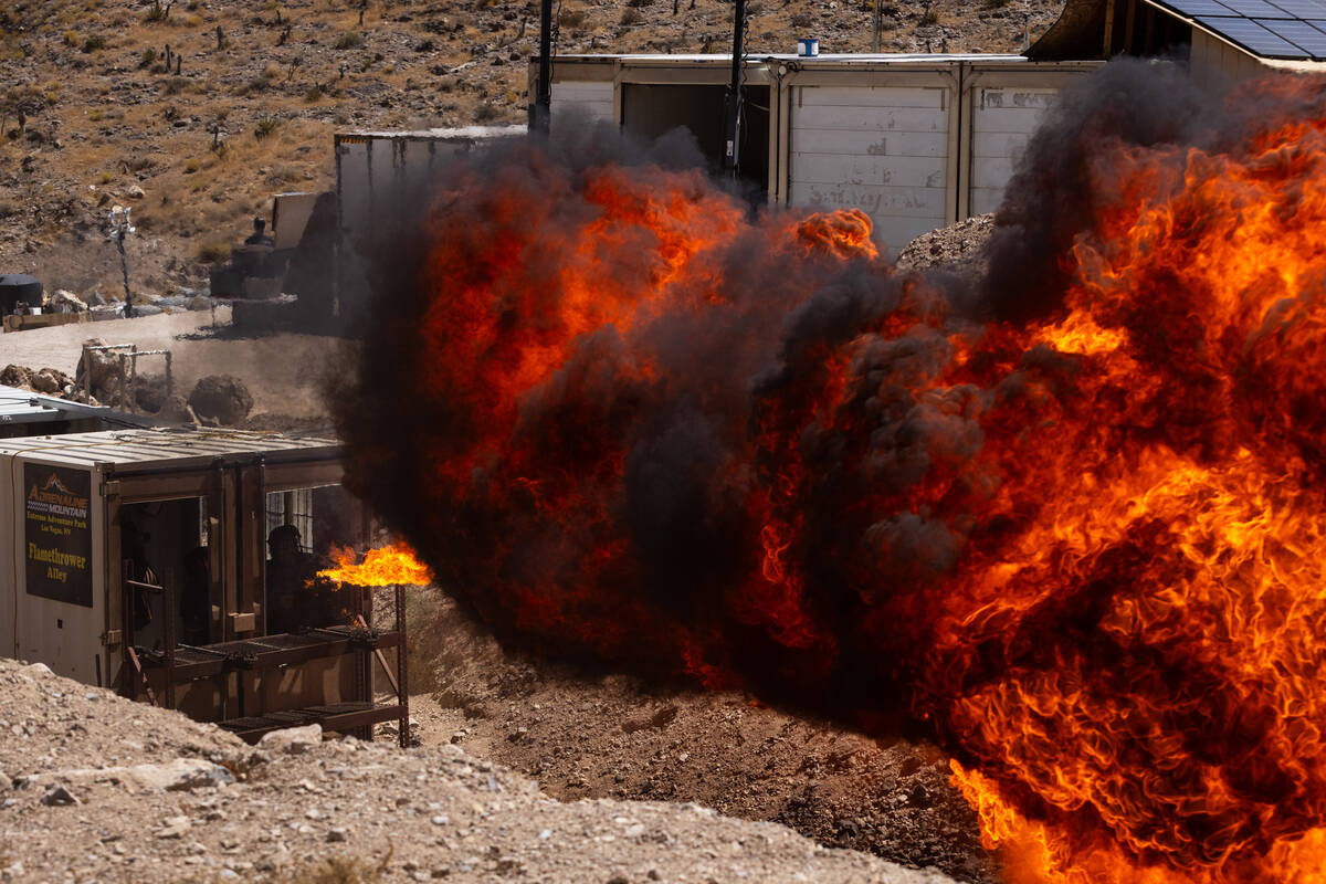 Flamethrower fired at Adrenaline Mountain, photographed for the Las Vegas Review-Journal