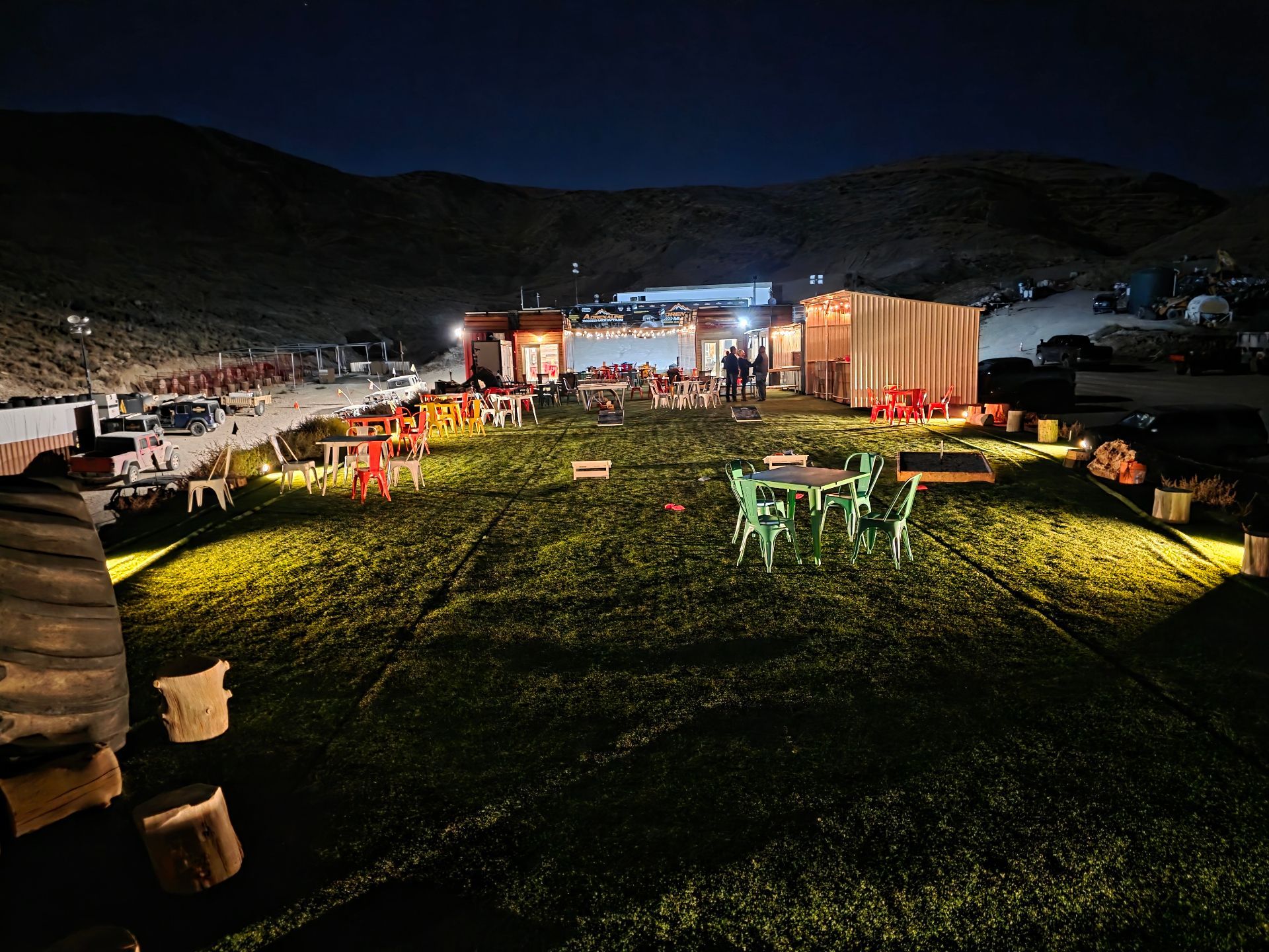 Evening event setup with bar and seating