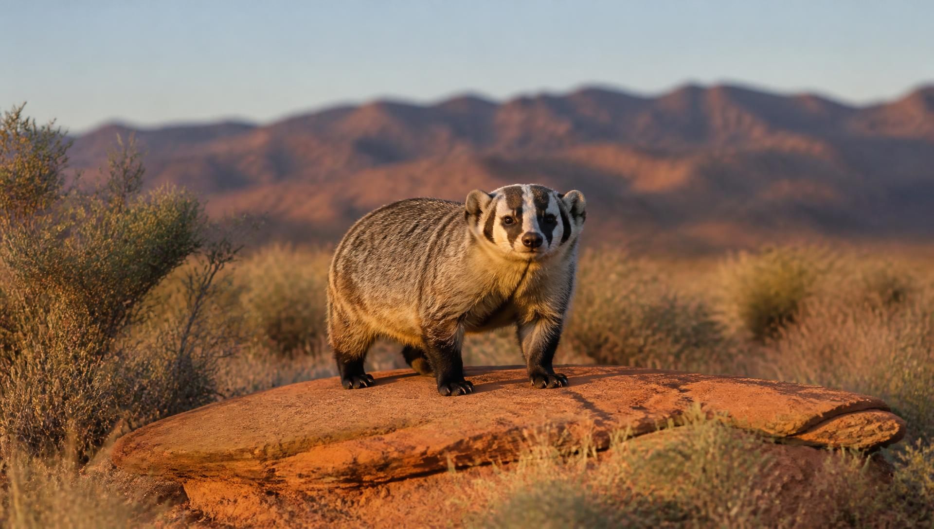 American badger standing on a red desert rock