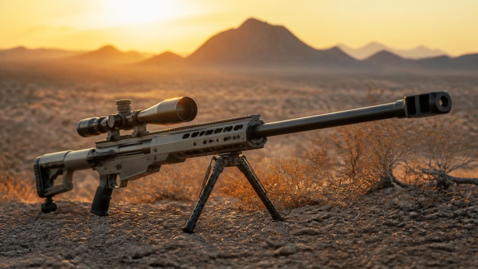 Barrett M107 .50 caliber rifle on the desert floor at sunset