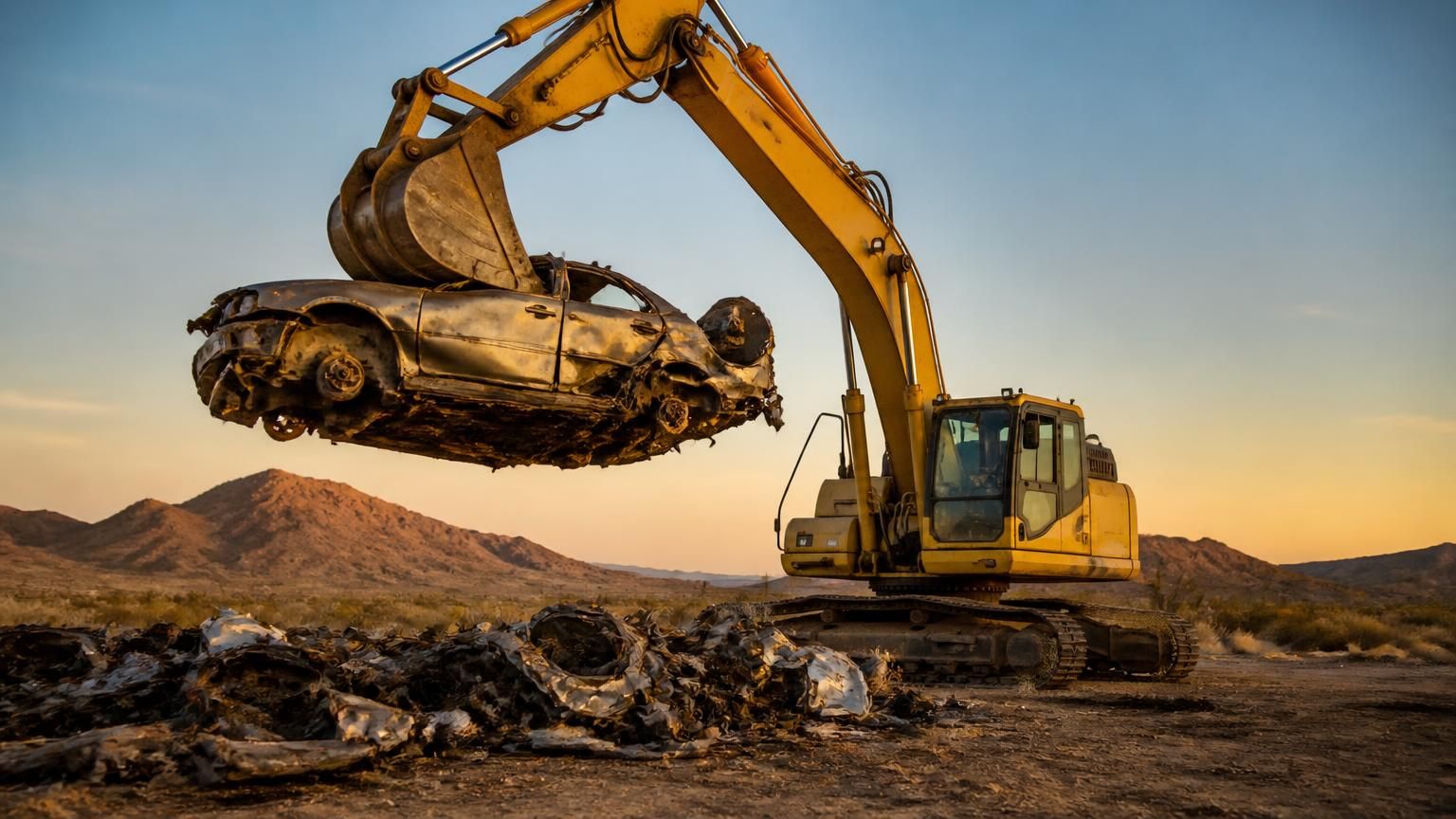 Excavator lifting a crushed car above a pile of scrap