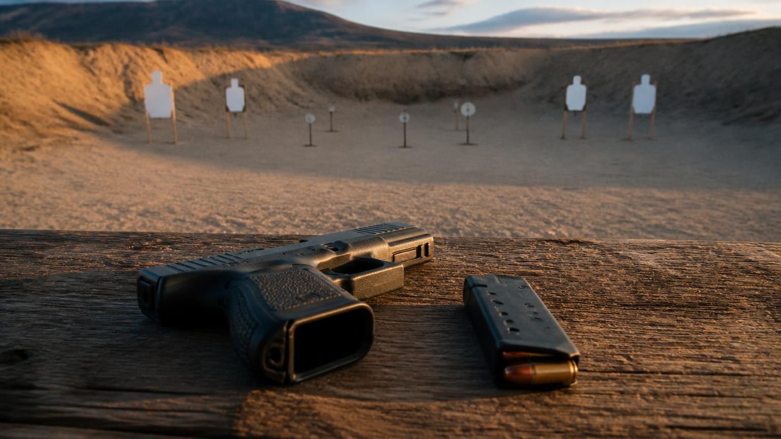 Handgun and magazine on a bench overlooking a desert range