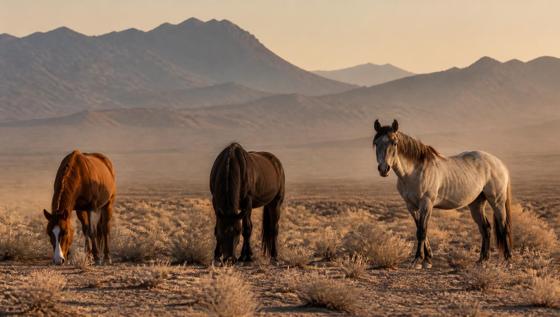 Three wild horses grazing in the desert at sunrise