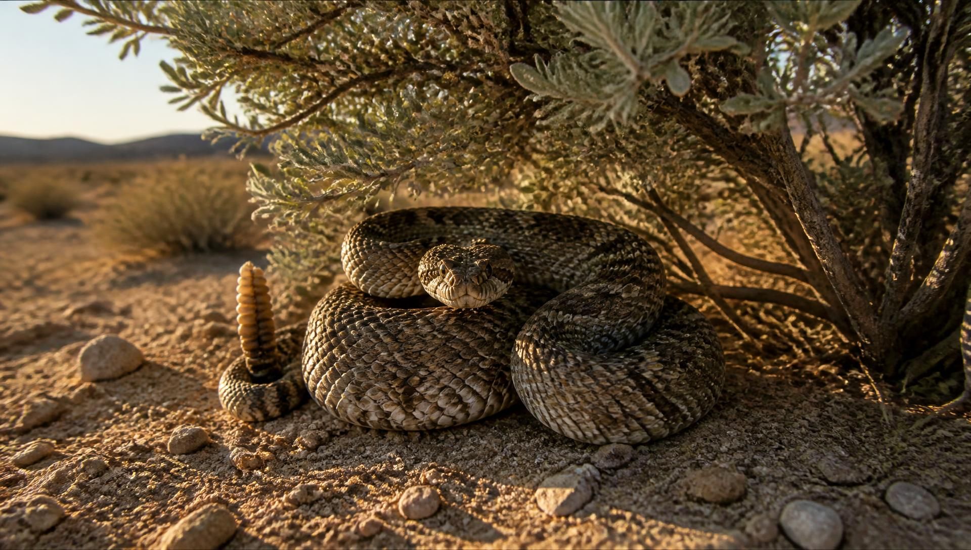 Rattlesnake coiled under a desert sage bush