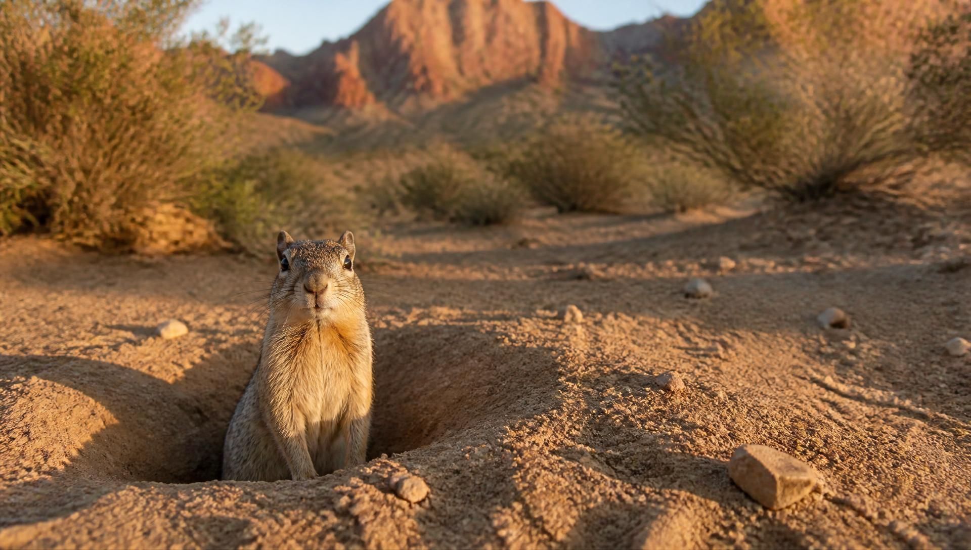 Desert ground squirrel emerging from its burrow
