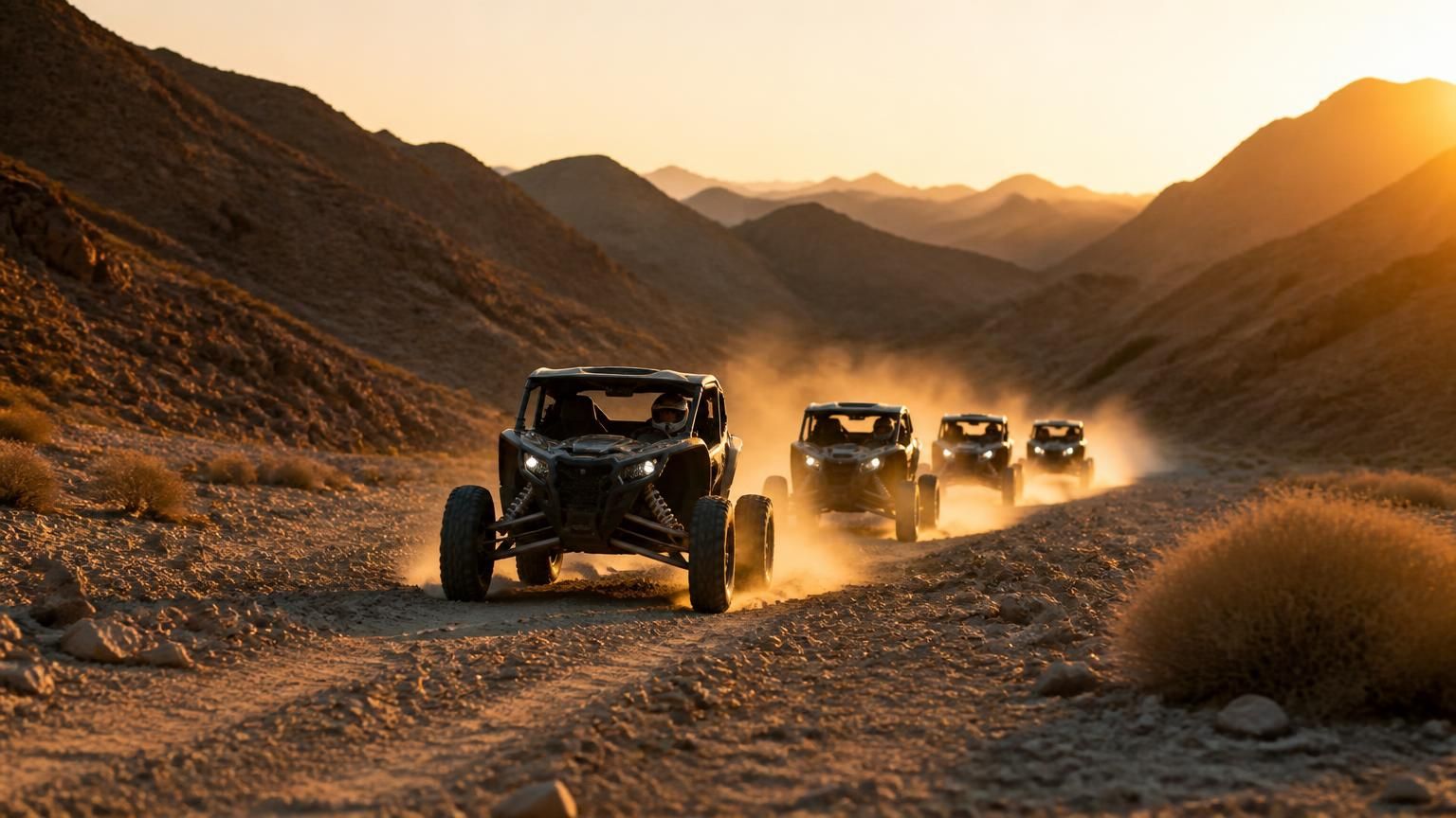 Four UTVs driving down a desert ravine at golden hour