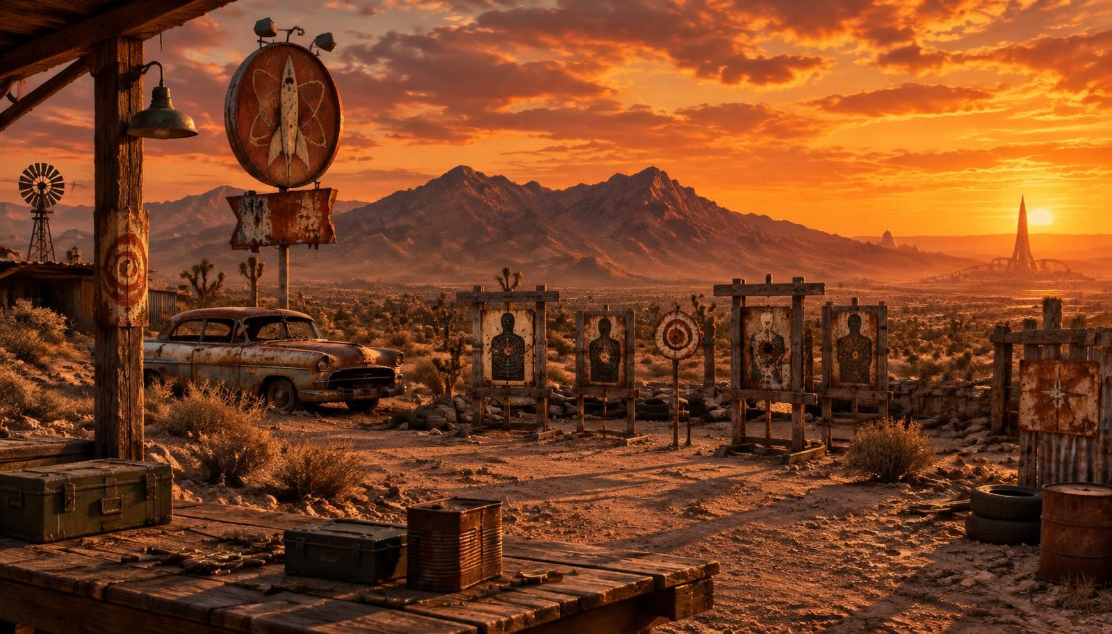 Post-apocalyptic desert shooting range at sunset near Goodsprings, Nevada