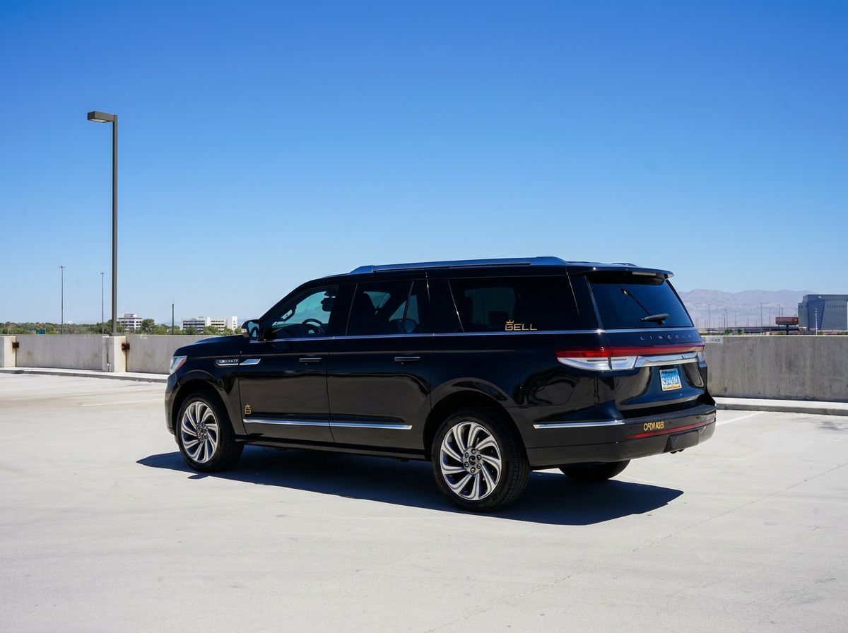 Rear side view of black Lincoln Navigator used for private transportation